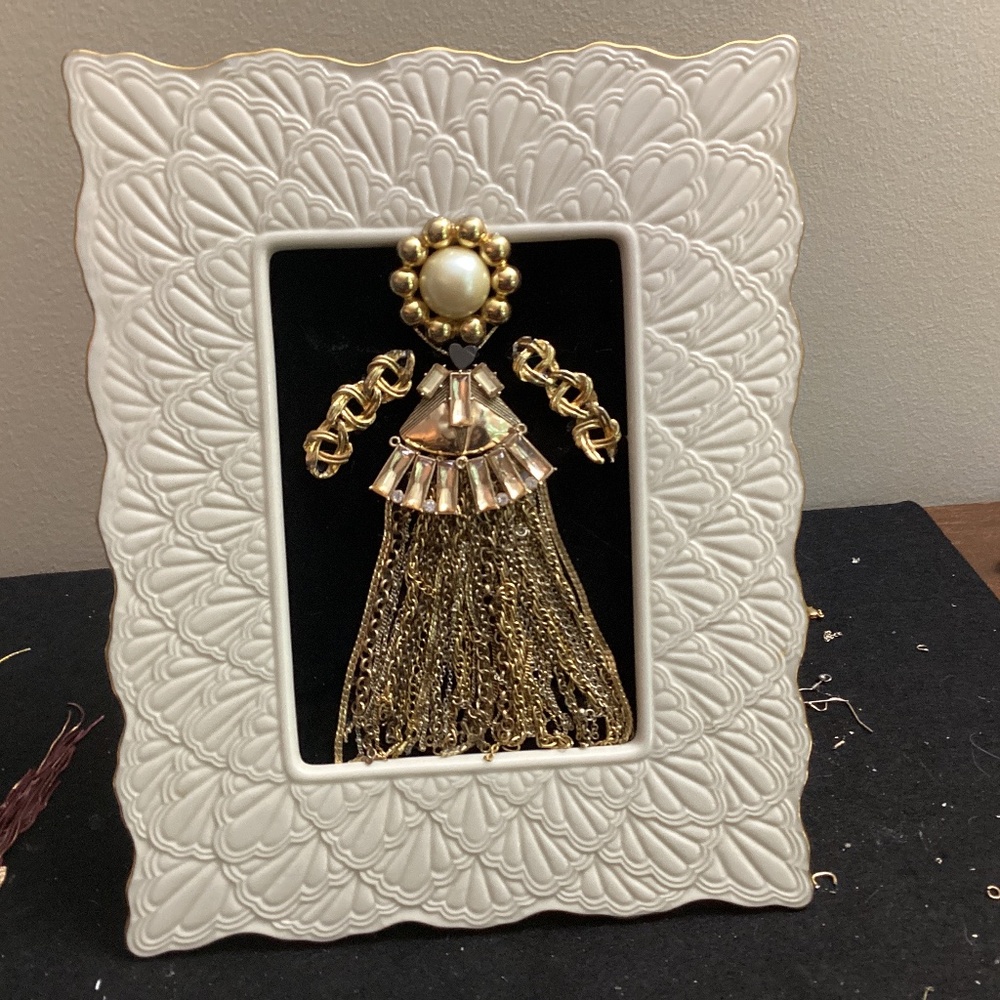 Handmade vintage jewelry art Lenox frame lady dress upcycled chains mantle wall
